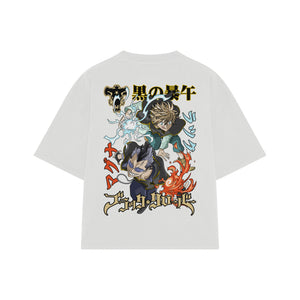 Playera streetwear premium de anime y gaming ExtraLife MX, corte boxy oversized drop shoulder heavyweight en color Deep Black y Off-White, moda urbana mexicana de culto.