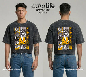 Playera streetwear premium de anime y gaming ExtraLife MX, corte boxy deluxe mineral wash heavyweight en color Acid Wash, moda urbana mexicana de culto.