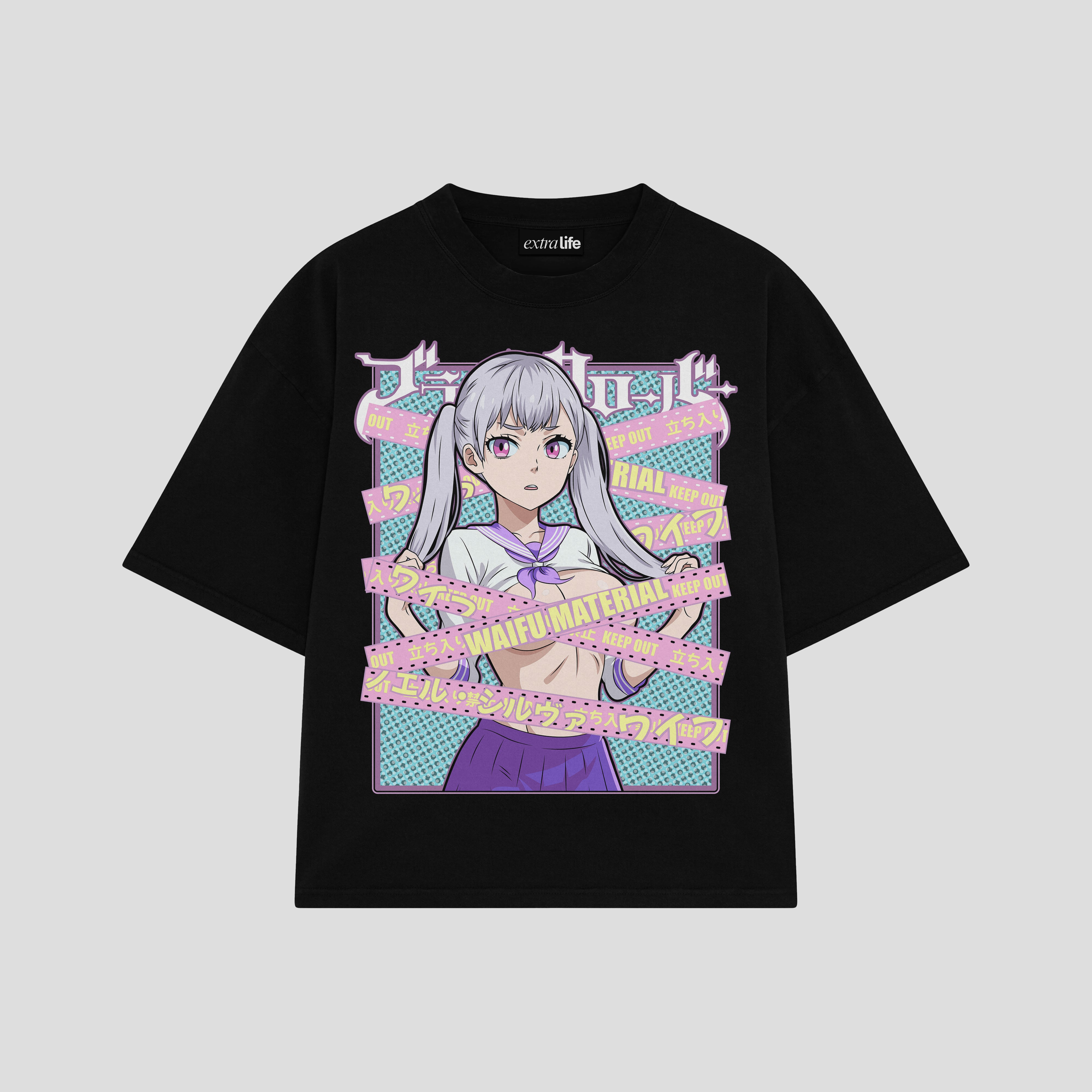Playera streetwear premium de anime y gaming ExtraLife MX, corte boxy oversized drop shoulder heavyweight en color Deep Black y Off-White, moda urbana mexicana de culto.