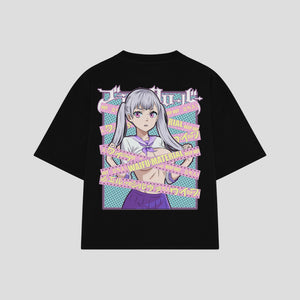 Playera streetwear premium de anime y gaming ExtraLife MX, corte boxy oversized drop shoulder heavyweight en color Deep Black y Off-White, moda urbana mexicana de culto.
