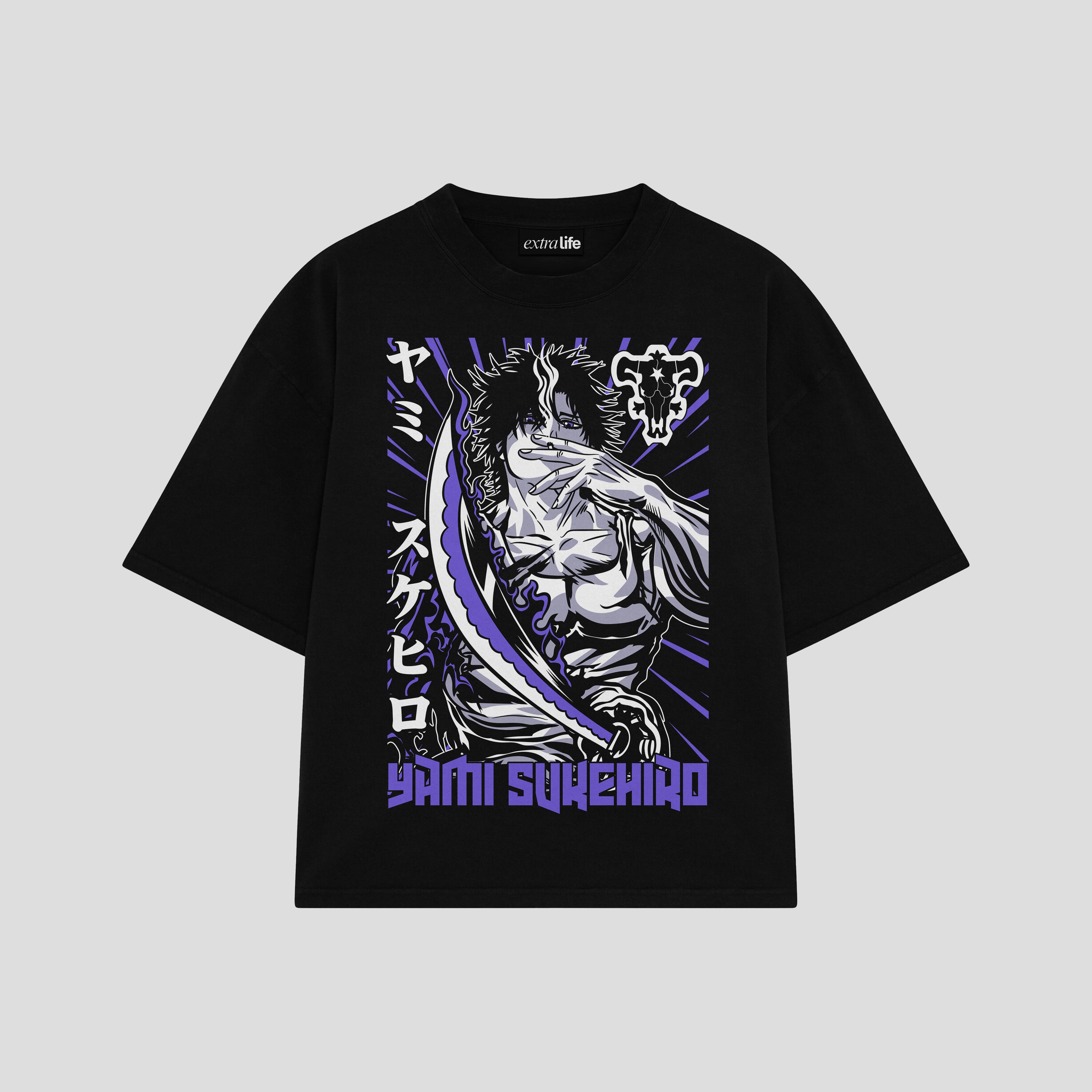 Playera streetwear premium de anime y gaming ExtraLife MX, corte boxy oversized drop shoulder heavyweight en color Deep Black y Off-White, moda urbana mexicana de culto.
