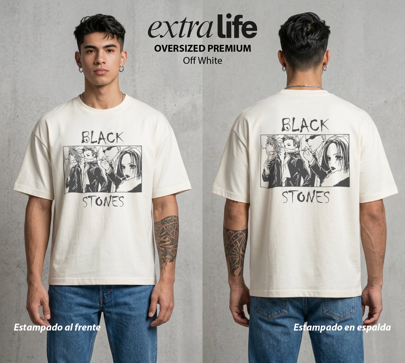 Dos Destinos Un Nombre | Black Stones #00246 - Playera Oversized Premium | Off White - Foto en modelo