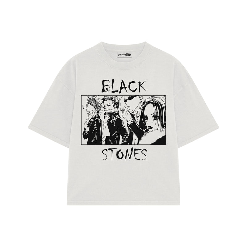 Playera streetwear premium de anime y gaming ExtraLife MX, corte boxy oversized drop shoulder heavyweight en color Deep Black y Off-White, moda urbana mexicana de culto.