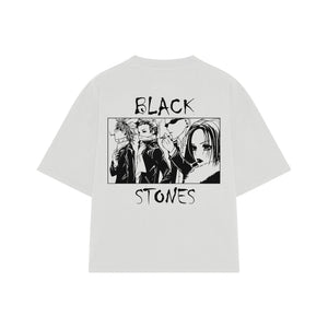 Playera streetwear premium de anime y gaming ExtraLife MX, corte boxy oversized drop shoulder heavyweight en color Deep Black y Off-White, moda urbana mexicana de culto.