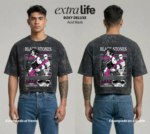 Playera streetwear premium de anime y gaming ExtraLife MX, corte boxy deluxe mineral wash heavyweight en color Acid Wash, moda urbana mexicana de culto.