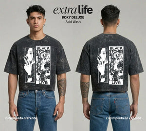 Playera streetwear premium de anime y gaming ExtraLife MX, corte boxy deluxe mineral wash heavyweight en color Acid Wash, moda urbana mexicana de culto.