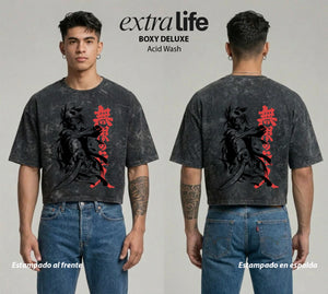 Playera streetwear premium de anime y gaming ExtraLife MX, corte boxy deluxe mineral wash heavyweight en color Acid Wash, moda urbana mexicana de culto.