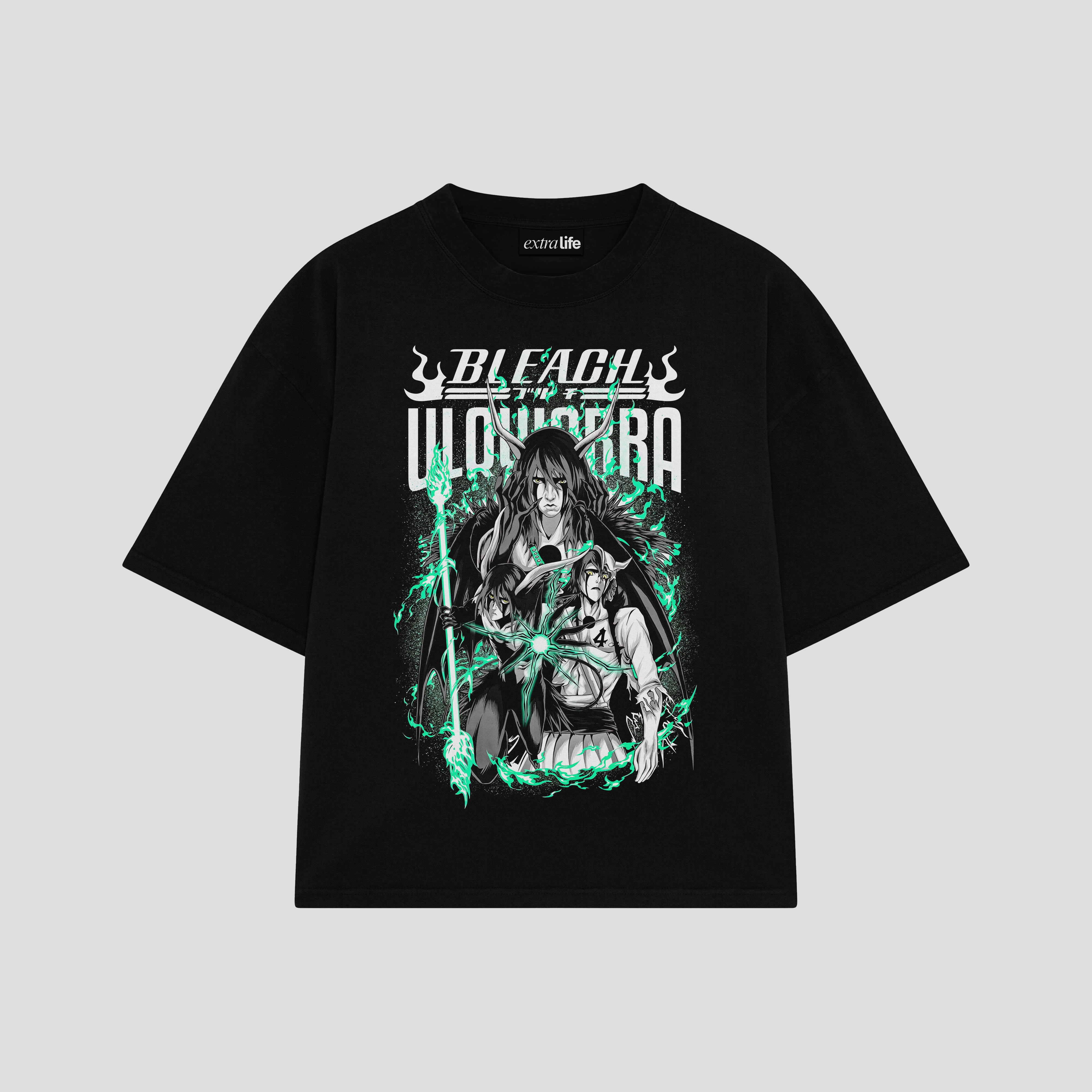 Playera streetwear premium de anime y gaming ExtraLife MX, corte boxy oversized drop shoulder heavyweight en color Deep Black y Off-White, moda urbana mexicana de culto.