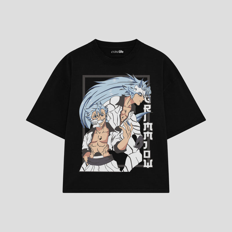 Playera streetwear premium de anime y gaming ExtraLife MX, corte boxy oversized drop shoulder heavyweight en color Deep Black y Off-White, moda urbana mexicana de culto.