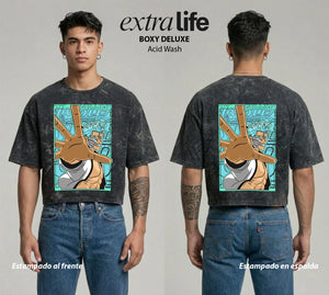 Playera streetwear premium de anime y gaming ExtraLife MX, corte boxy deluxe mineral wash heavyweight en color Acid Wash, moda urbana mexicana de culto.