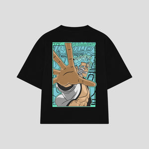Playera streetwear premium de anime y gaming ExtraLife MX, corte boxy oversized drop shoulder heavyweight en color Deep Black y Off-White, moda urbana mexicana de culto.
