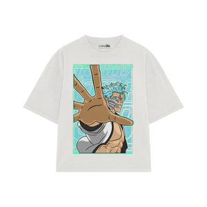 Playera streetwear premium de anime y gaming ExtraLife MX, corte boxy oversized drop shoulder heavyweight en color Deep Black y Off-White, moda urbana mexicana de culto.
