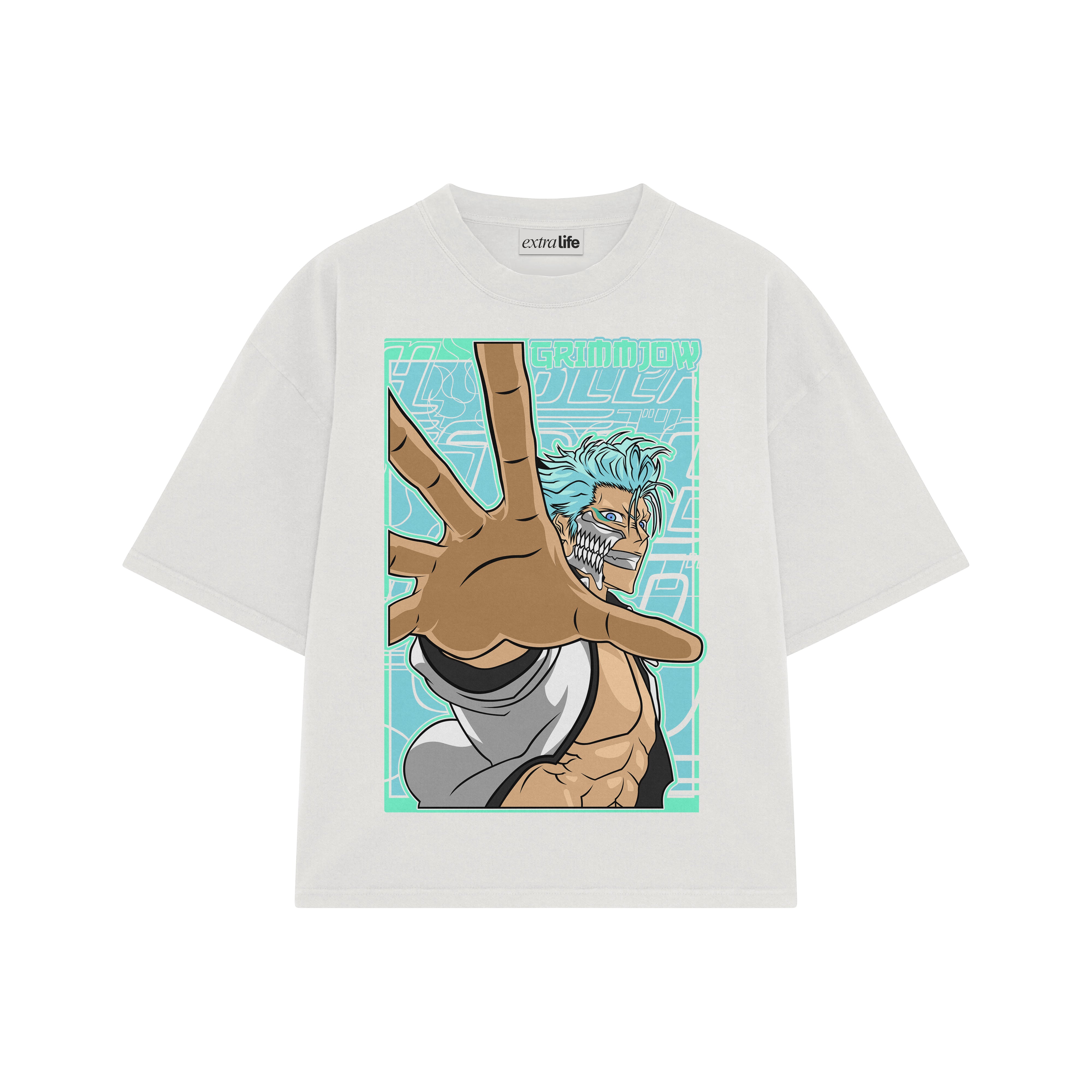 Playera streetwear premium de anime y gaming ExtraLife MX, corte boxy oversized drop shoulder heavyweight en color Deep Black y Off-White, moda urbana mexicana de culto.