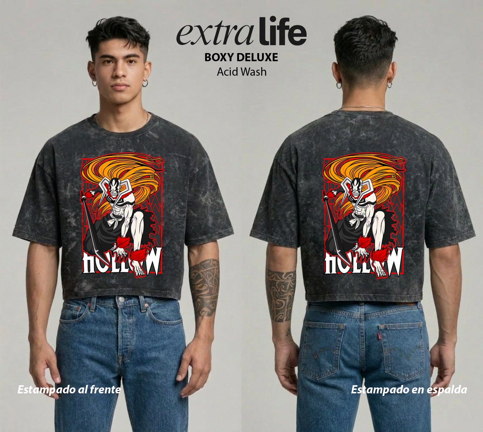 Playera streetwear premium de anime y gaming ExtraLife MX, corte boxy deluxe mineral wash heavyweight en color Acid Wash, moda urbana mexicana de culto.