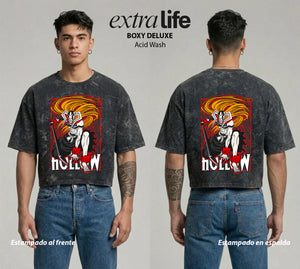 Playera streetwear premium de anime y gaming ExtraLife MX, corte boxy deluxe mineral wash heavyweight en color Acid Wash, moda urbana mexicana de culto.