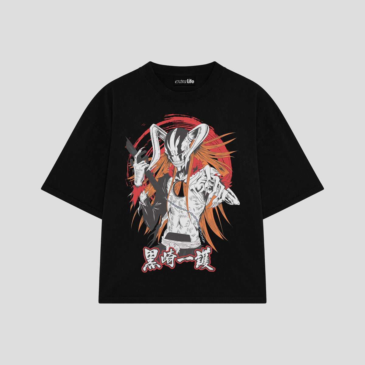Playera streetwear premium de anime y gaming ExtraLife MX, corte oversized drop shoulder ligero y fresco en color Deep Black y Off-White, moda urbana mexicana de culto.