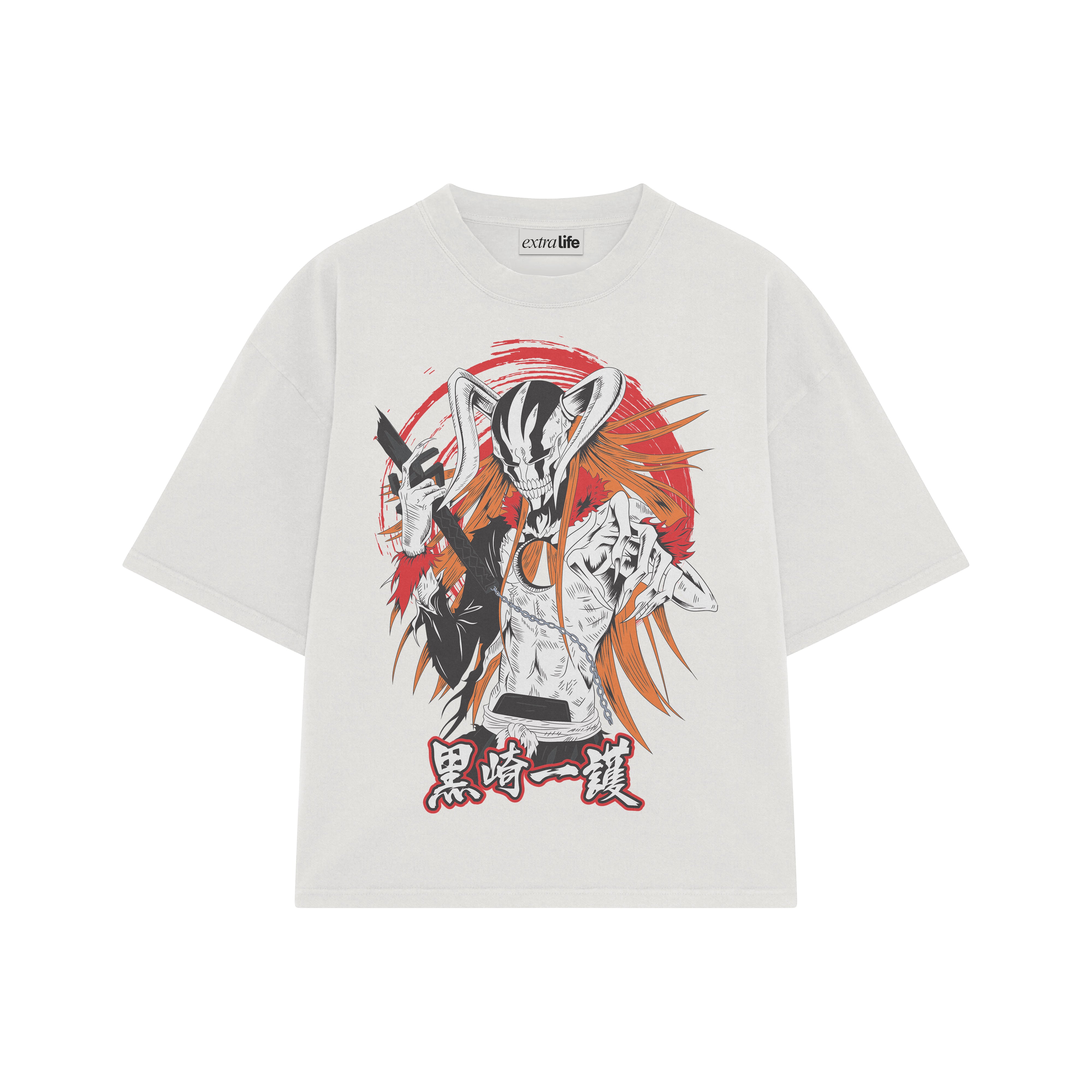 Playera streetwear premium de anime y gaming ExtraLife MX, corte boxy oversized drop shoulder heavyweight en color Deep Black y Off-White, moda urbana mexicana de culto.