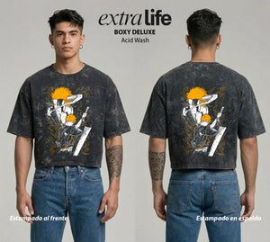 Playera streetwear premium de anime y gaming ExtraLife MX, corte boxy deluxe mineral wash heavyweight en color Acid Wash, moda urbana mexicana de culto.