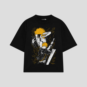 Playera streetwear premium de anime y gaming ExtraLife MX, corte boxy oversized drop shoulder heavyweight en color Deep Black y Off-White, moda urbana mexicana de culto.