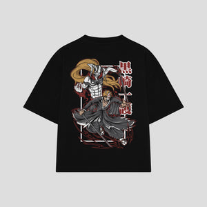 Playera streetwear premium de anime y gaming ExtraLife MX, corte boxy oversized drop shoulder heavyweight en color Deep Black y Off-White, moda urbana mexicana de culto.