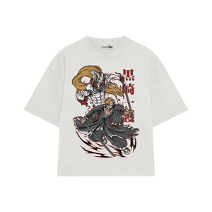 Playera streetwear premium de anime y gaming ExtraLife MX, corte boxy oversized drop shoulder heavyweight en color Deep Black y Off-White, moda urbana mexicana de culto.