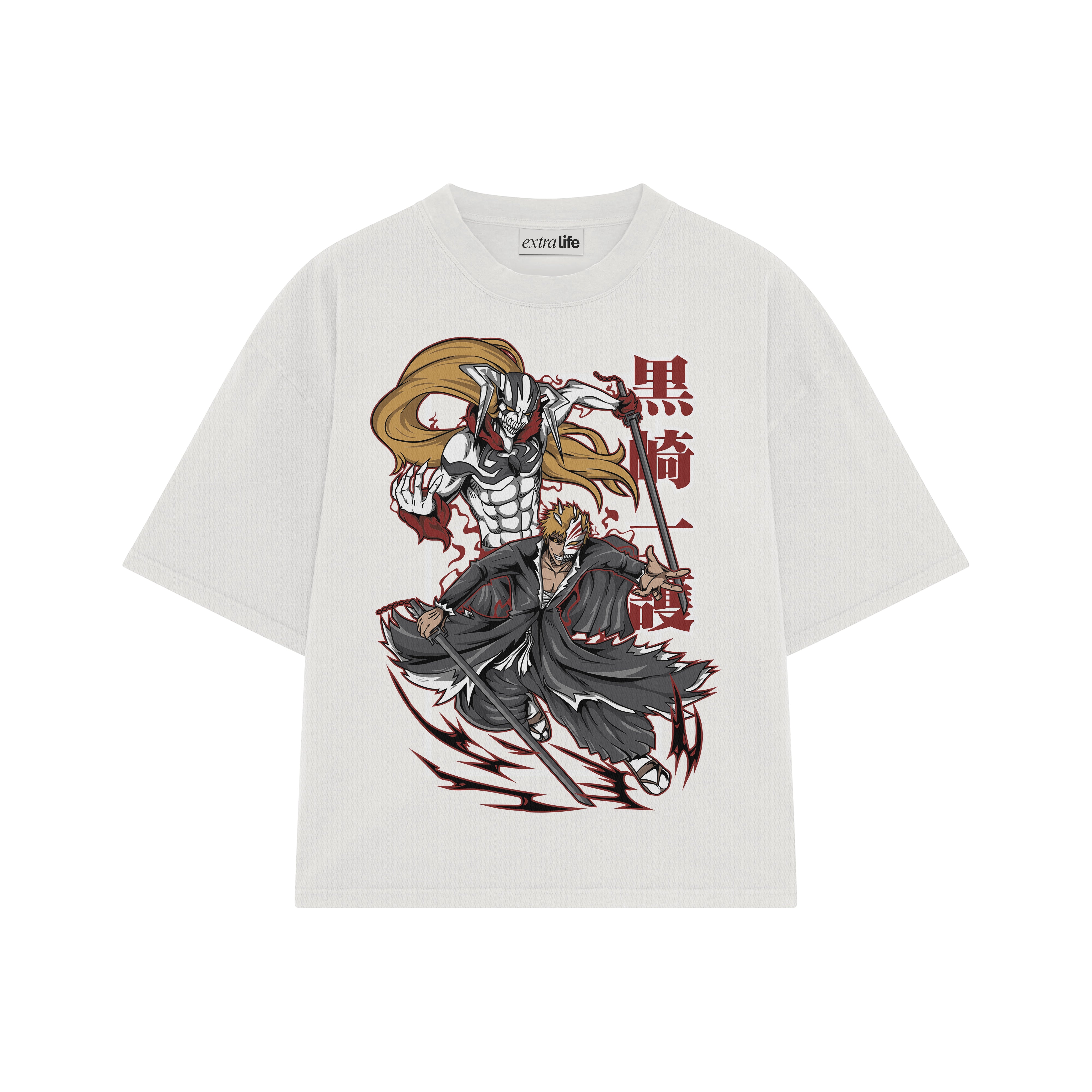 Playera streetwear premium de anime y gaming ExtraLife MX, corte boxy oversized drop shoulder heavyweight en color Deep Black y Off-White, moda urbana mexicana de culto.