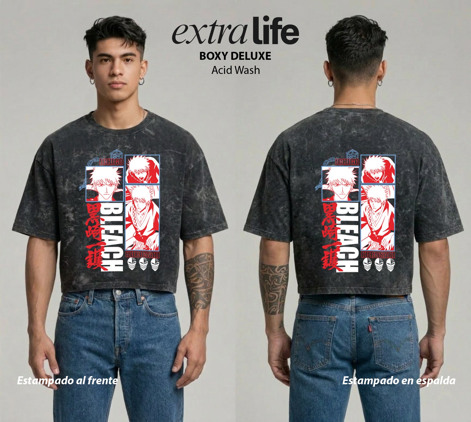 Playera streetwear premium de anime y gaming ExtraLife MX, corte boxy deluxe mineral wash heavyweight en color Acid Wash, moda urbana mexicana de culto.