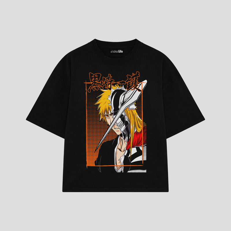 Playera streetwear premium de anime y gaming ExtraLife MX, corte boxy oversized drop shoulder heavyweight en color Deep Black y Off-White, moda urbana mexicana de culto.