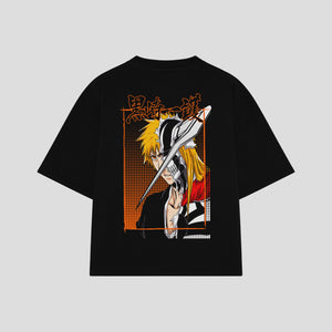 Playera streetwear premium de anime y gaming ExtraLife MX, corte boxy oversized drop shoulder heavyweight en color Deep Black y Off-White, moda urbana mexicana de culto.