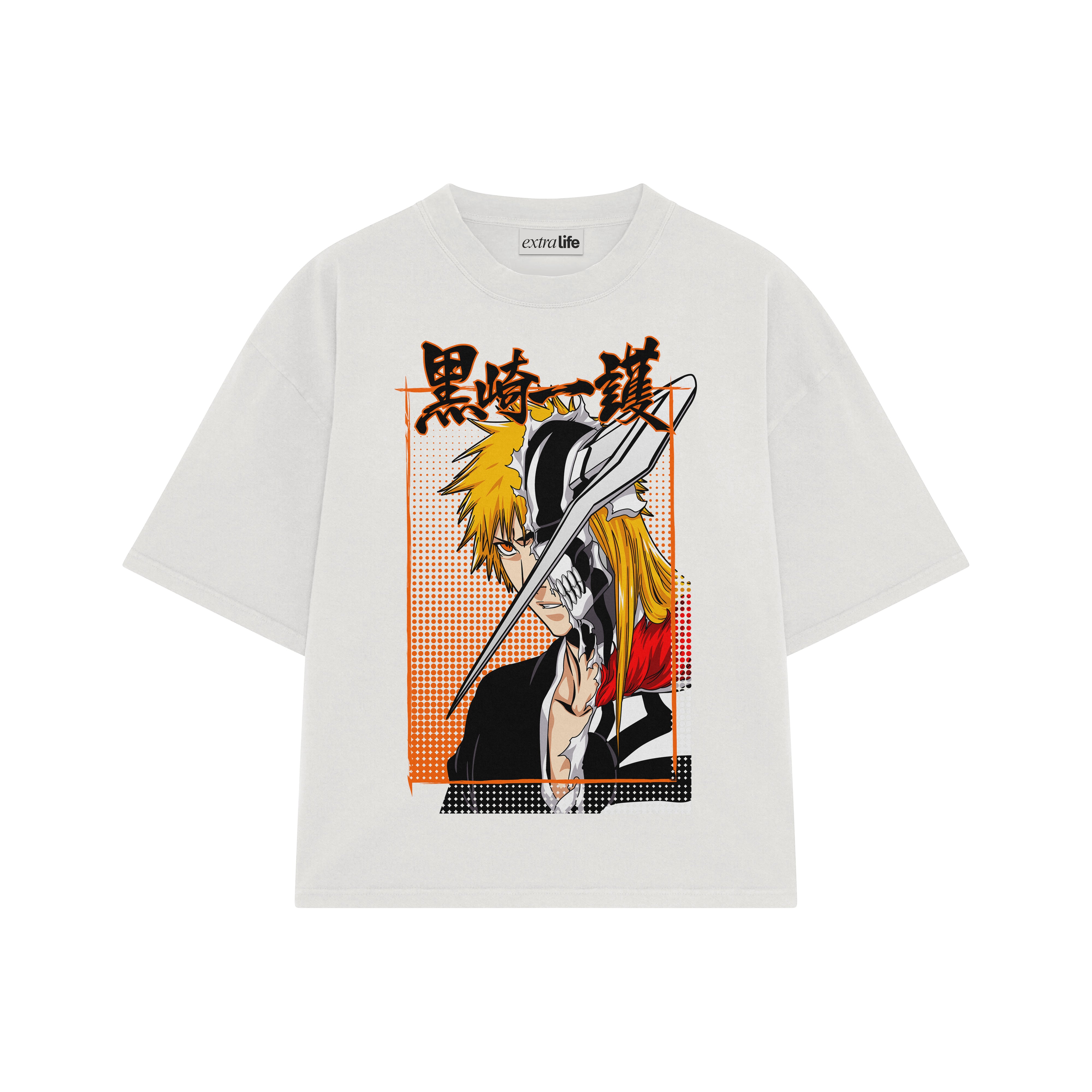 Playera streetwear premium de anime y gaming ExtraLife MX, corte boxy oversized drop shoulder heavyweight en color Deep Black y Off-White, moda urbana mexicana de culto.