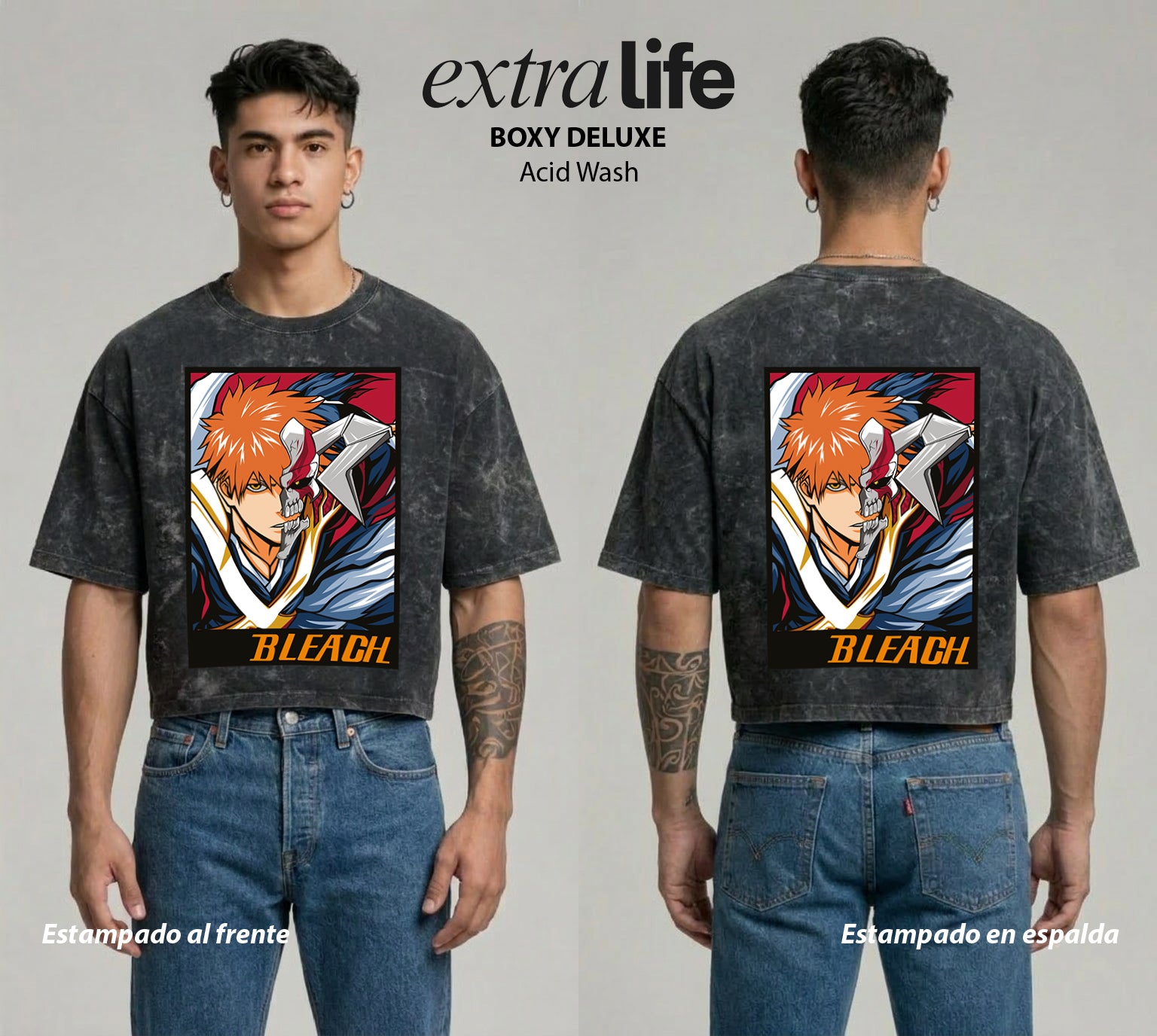 Playera streetwear premium de anime y gaming ExtraLife MX, corte boxy deluxe mineral wash heavyweight en color Acid Wash, moda urbana mexicana de culto.