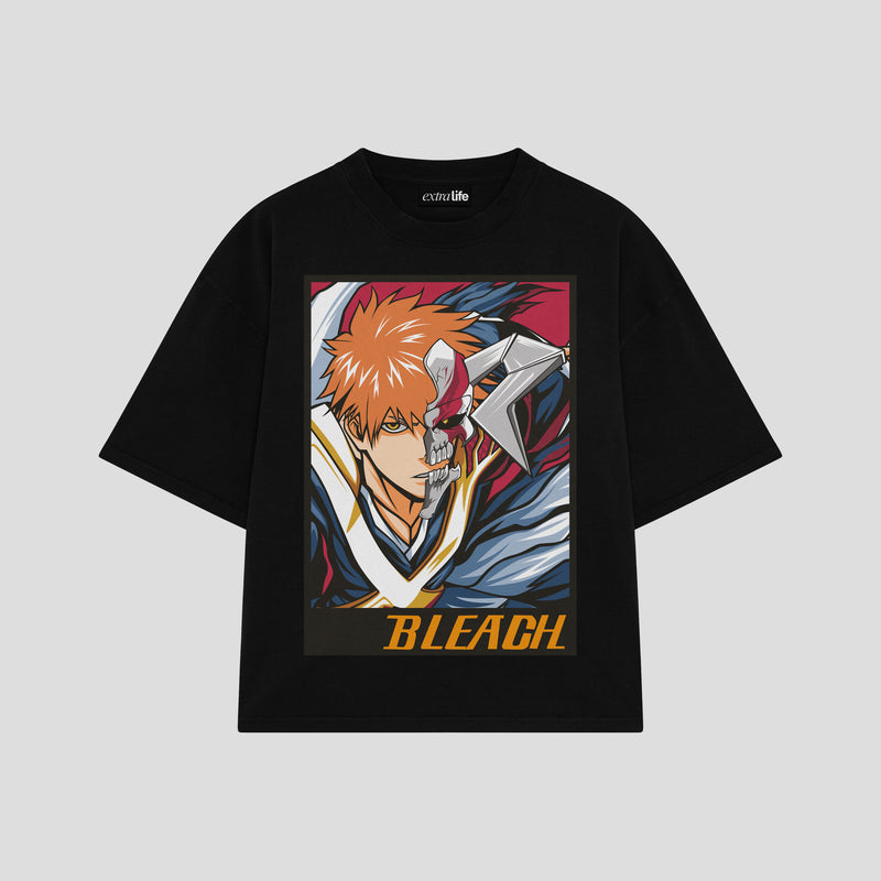 Playera streetwear premium de anime y gaming ExtraLife MX, corte boxy oversized drop shoulder heavyweight en color Deep Black y Off-White, moda urbana mexicana de culto.