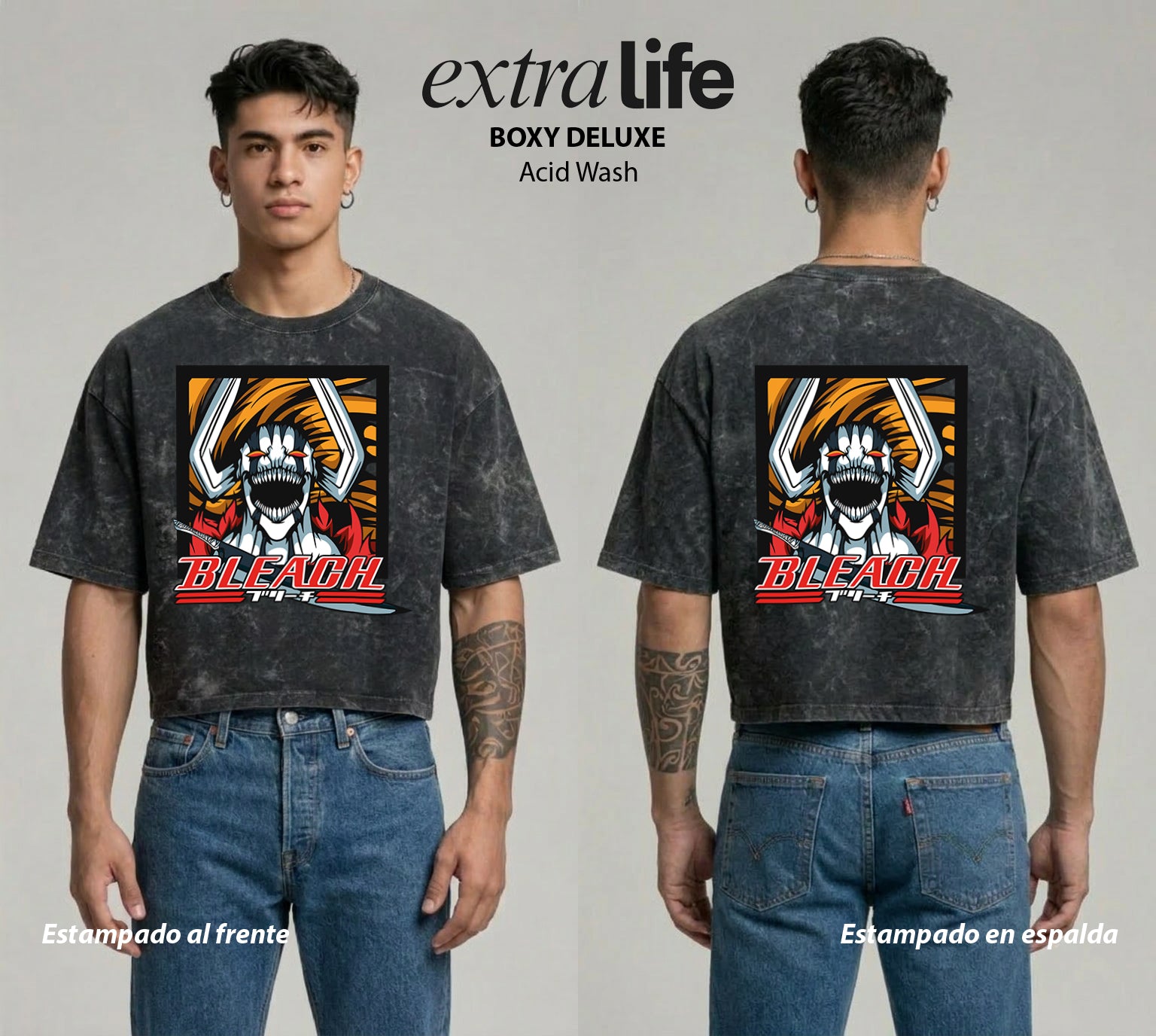 Playera streetwear premium de anime y gaming ExtraLife MX, corte boxy deluxe mineral wash heavyweight en color Acid Wash, moda urbana mexicana de culto.