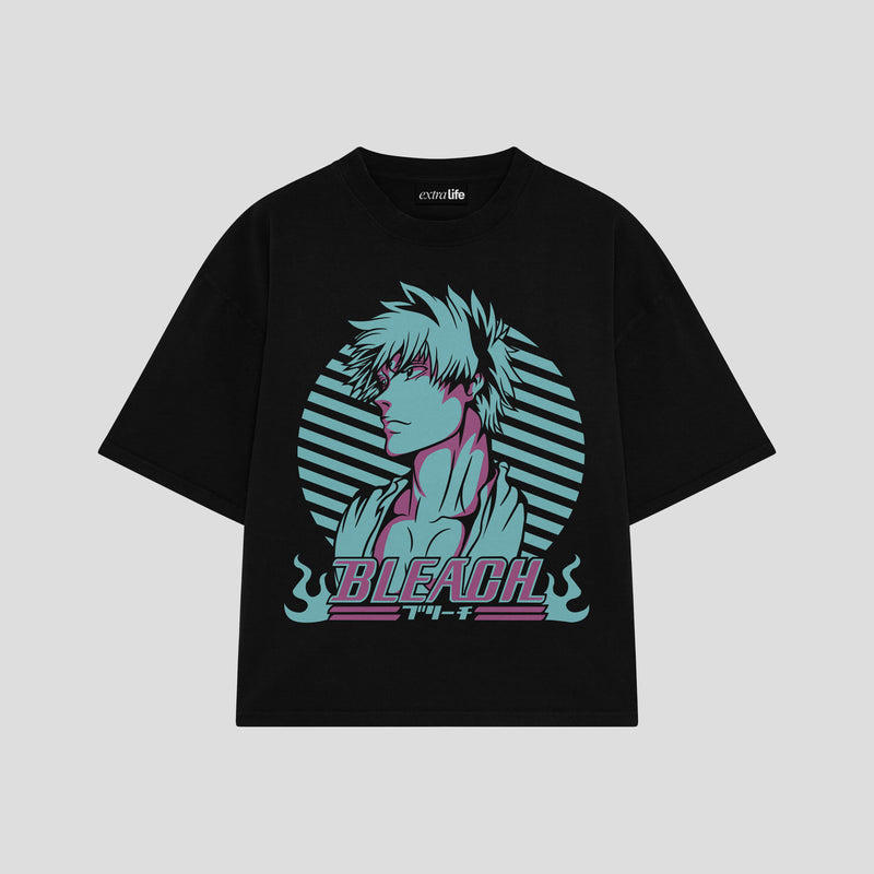 Playera streetwear premium de anime y gaming ExtraLife MX, corte boxy oversized drop shoulder heavyweight en color Deep Black y Off-White, moda urbana mexicana de culto.