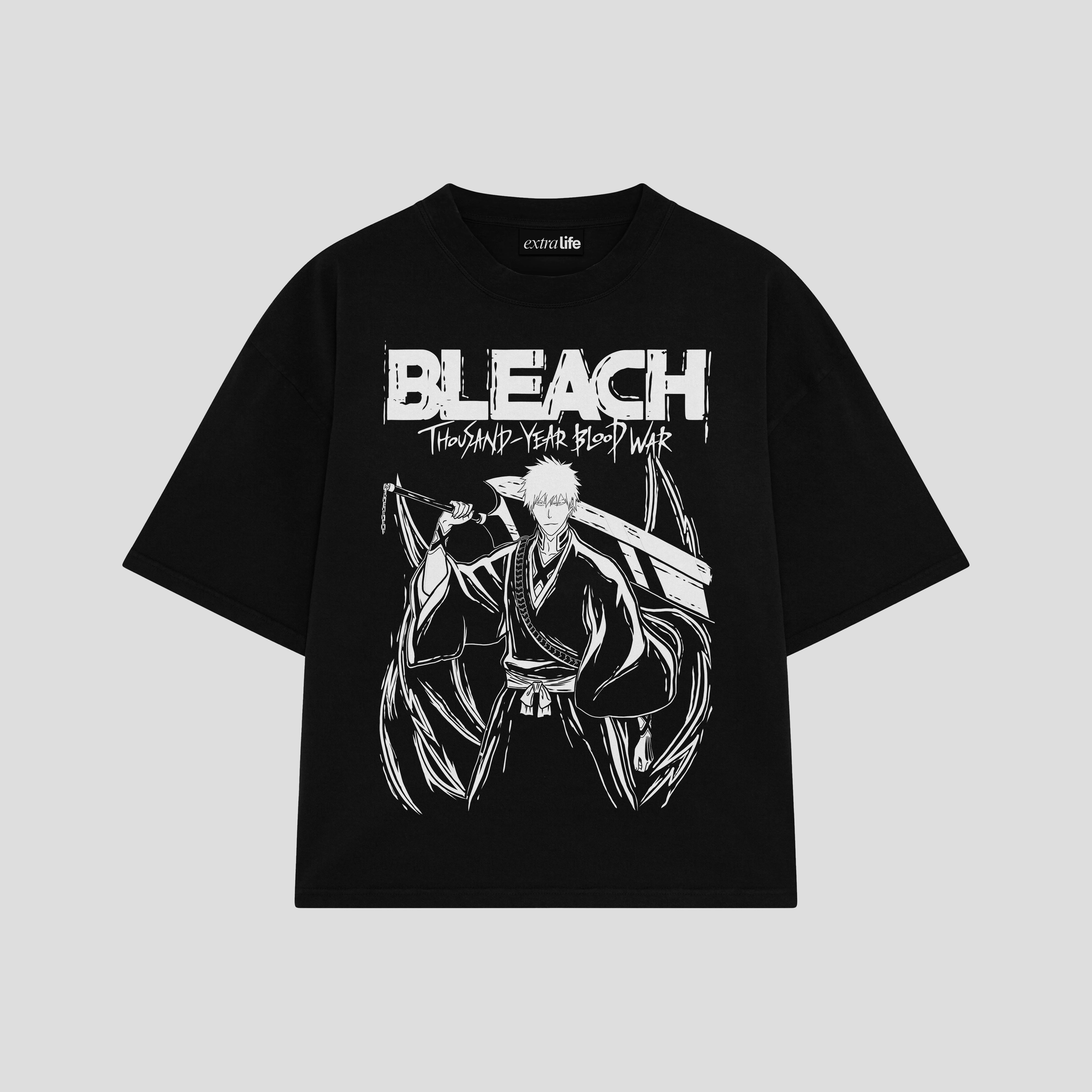 Playera streetwear premium de anime y gaming ExtraLife MX, corte boxy oversized drop shoulder heavyweight en color Deep Black y Off-White, moda urbana mexicana de culto.