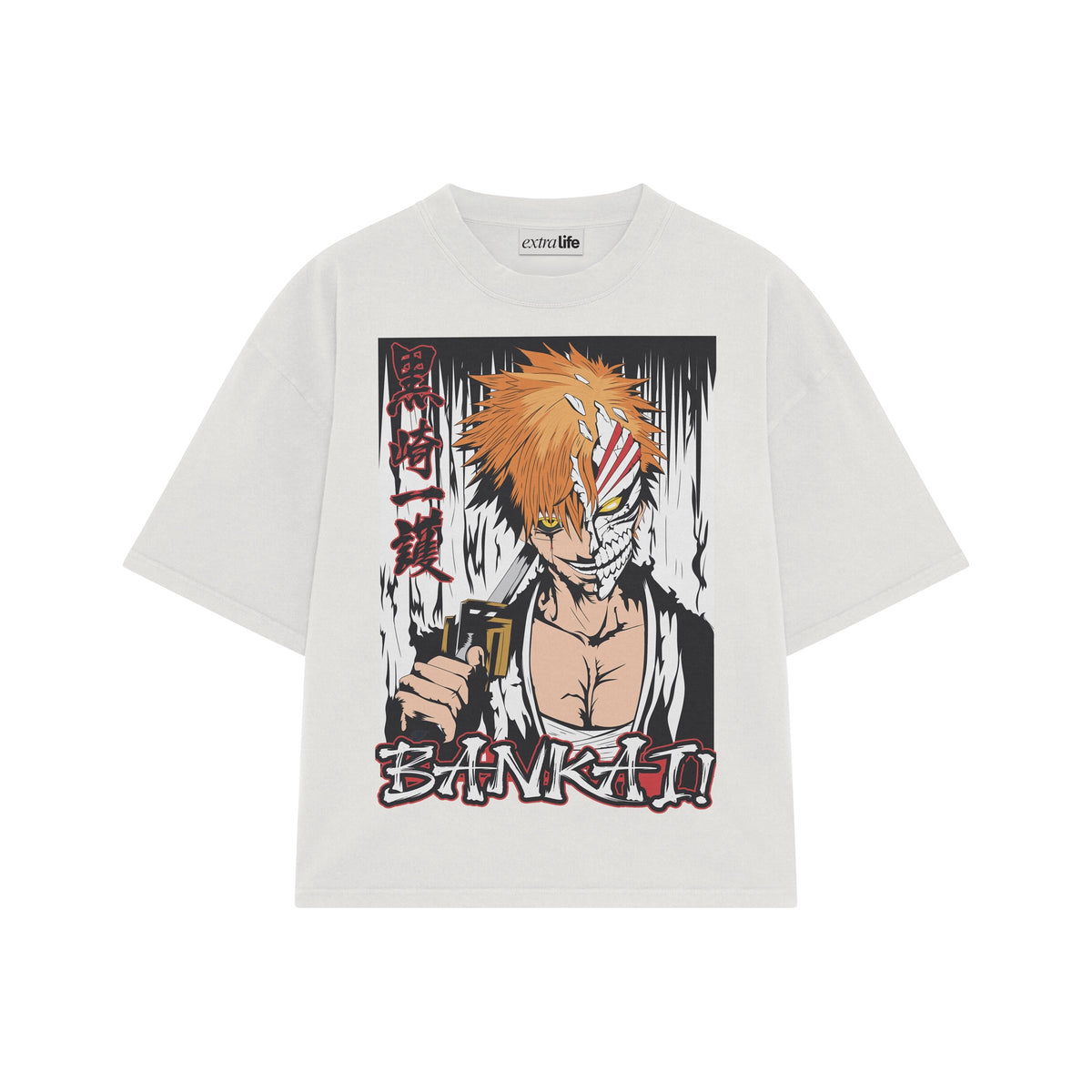 Playera streetwear premium de anime y gaming ExtraLife MX, corte oversized drop shoulder ligero y fresco en color Deep Black y Off-White, moda urbana mexicana de culto.