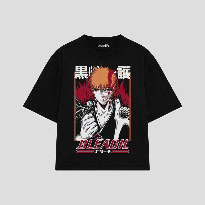 Playera streetwear premium de anime y gaming ExtraLife MX, corte boxy oversized drop shoulder heavyweight en color Deep Black y Off-White, moda urbana mexicana de culto.