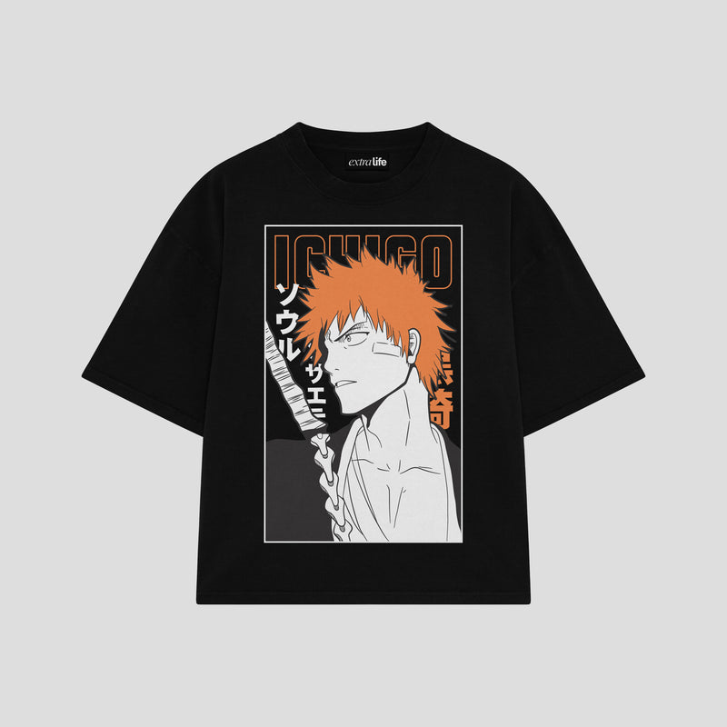 Playera streetwear premium de anime y gaming ExtraLife MX, corte boxy oversized drop shoulder heavyweight en color Deep Black y Off-White, moda urbana mexicana de culto.