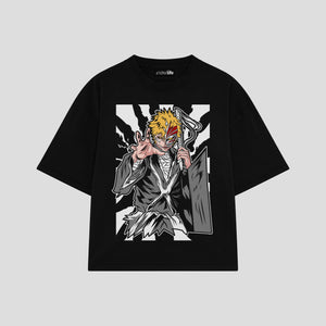 Playera streetwear premium de anime y gaming ExtraLife MX, corte boxy oversized drop shoulder heavyweight en color Deep Black y Off-White, moda urbana mexicana de culto.