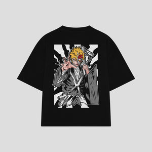 Playera streetwear premium de anime y gaming ExtraLife MX, corte boxy oversized drop shoulder heavyweight en color Deep Black y Off-White, moda urbana mexicana de culto.