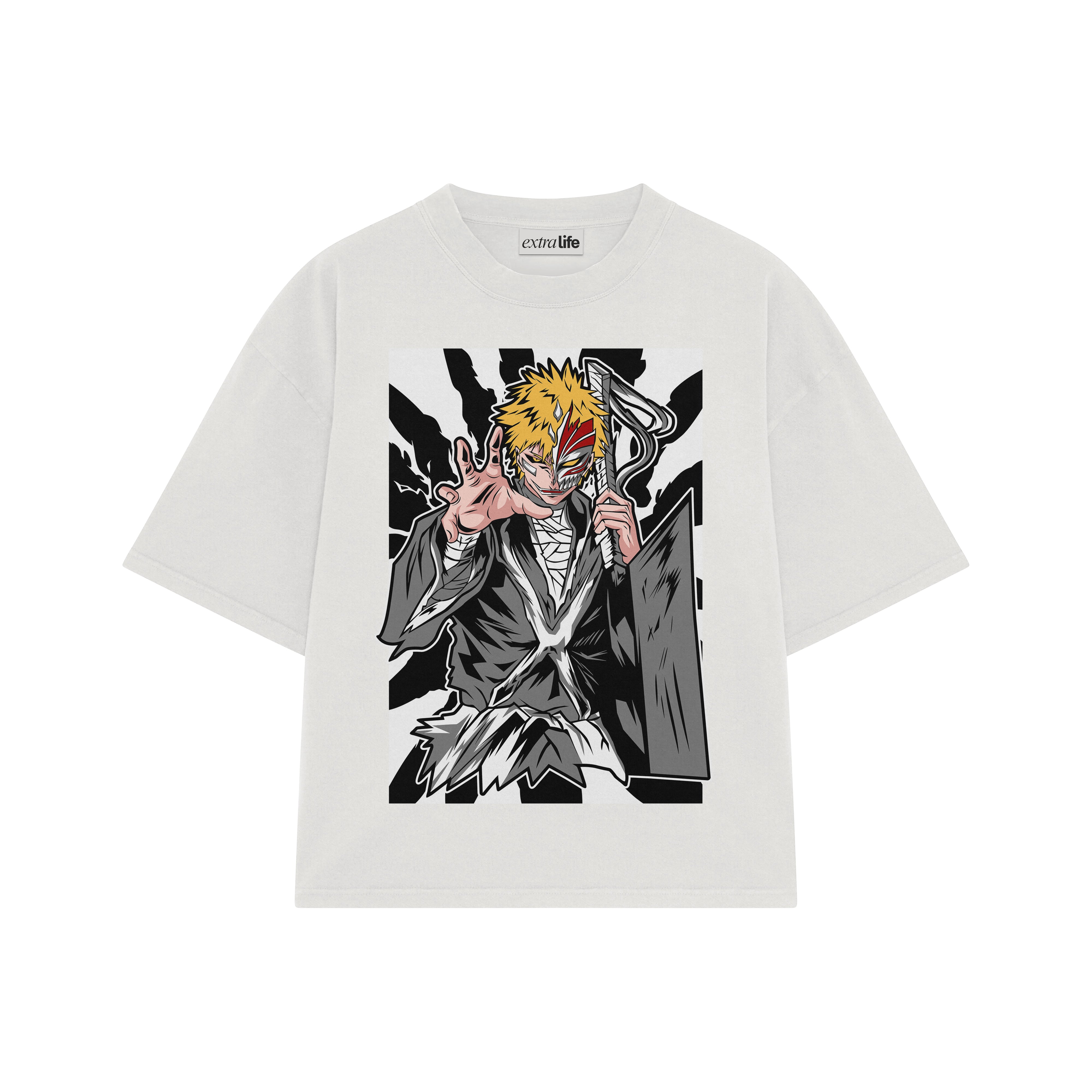 Playera streetwear premium de anime y gaming ExtraLife MX, corte boxy oversized drop shoulder heavyweight en color Deep Black y Off-White, moda urbana mexicana de culto.