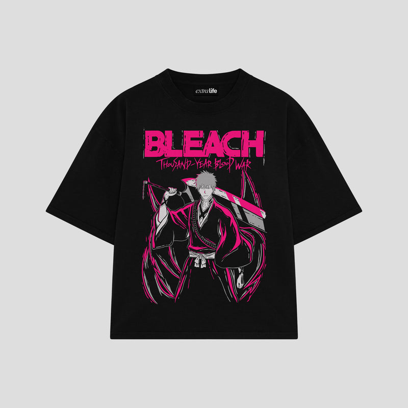 Playera streetwear premium de anime y gaming ExtraLife MX, corte boxy oversized drop shoulder heavyweight en color Deep Black y Off-White, moda urbana mexicana de culto.