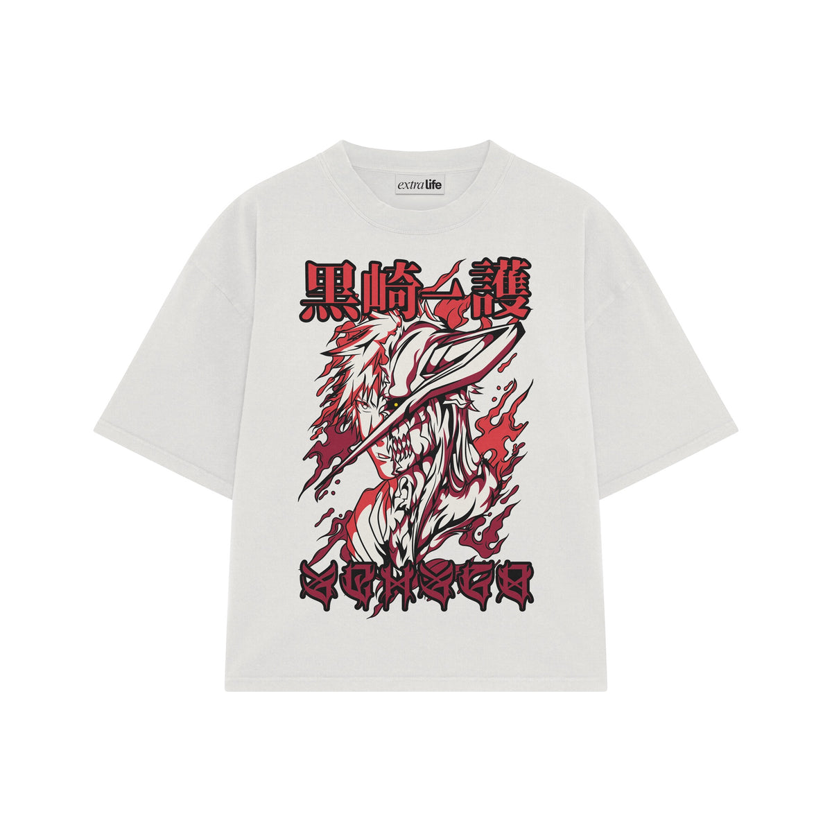 Playera streetwear premium de anime y gaming ExtraLife MX, corte oversized drop shoulder ligero y fresco en color Deep Black y Off-White, moda urbana mexicana de culto.