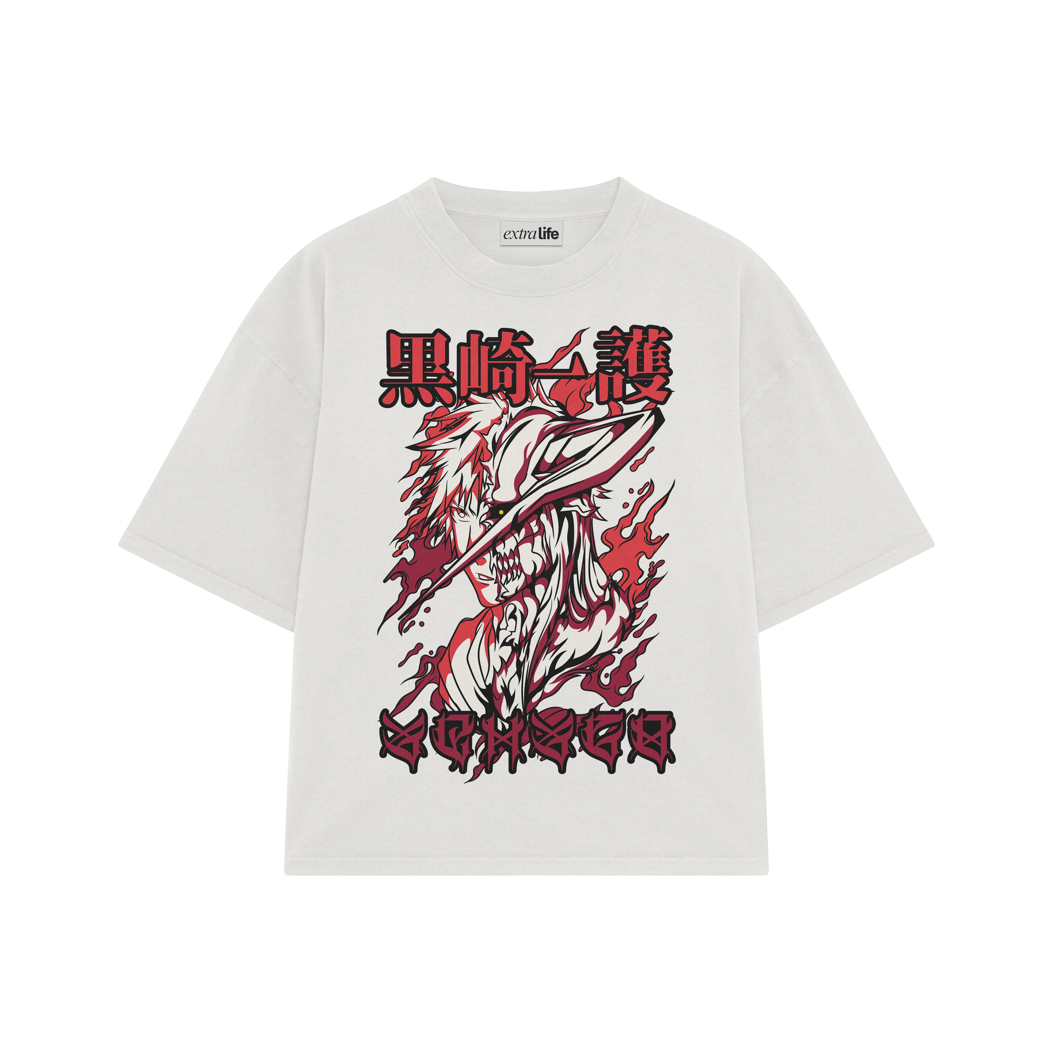 Playera streetwear premium de anime y gaming ExtraLife MX, corte boxy oversized drop shoulder heavyweight en color Deep Black y Off-White, moda urbana mexicana de culto.