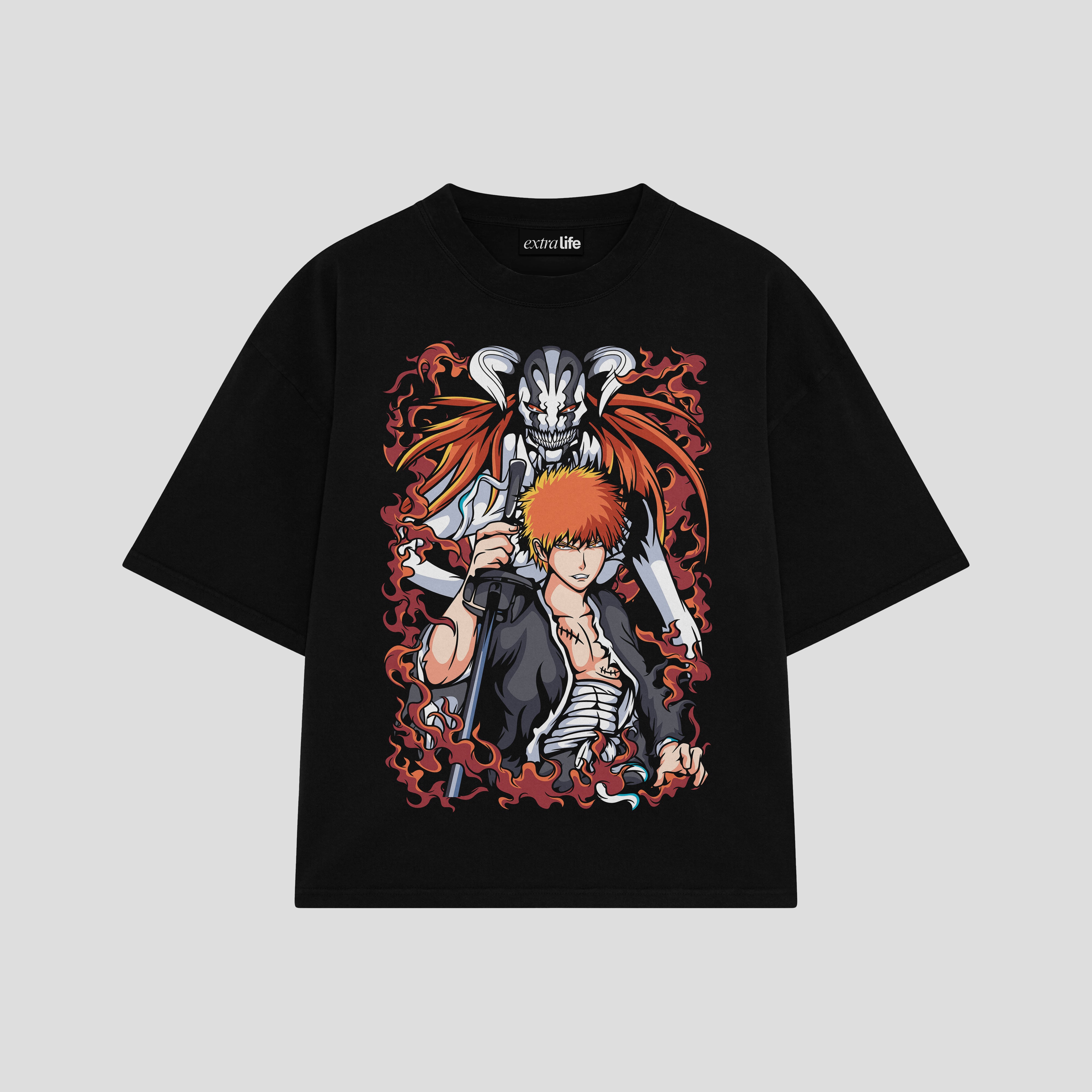 Playera streetwear premium de anime y gaming ExtraLife MX, corte boxy oversized drop shoulder heavyweight en color Deep Black y Off-White, moda urbana mexicana de culto.