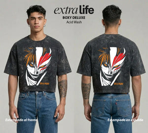 Playera streetwear premium de anime y gaming ExtraLife MX, corte boxy deluxe mineral wash heavyweight en color Acid Wash, moda urbana mexicana de culto.