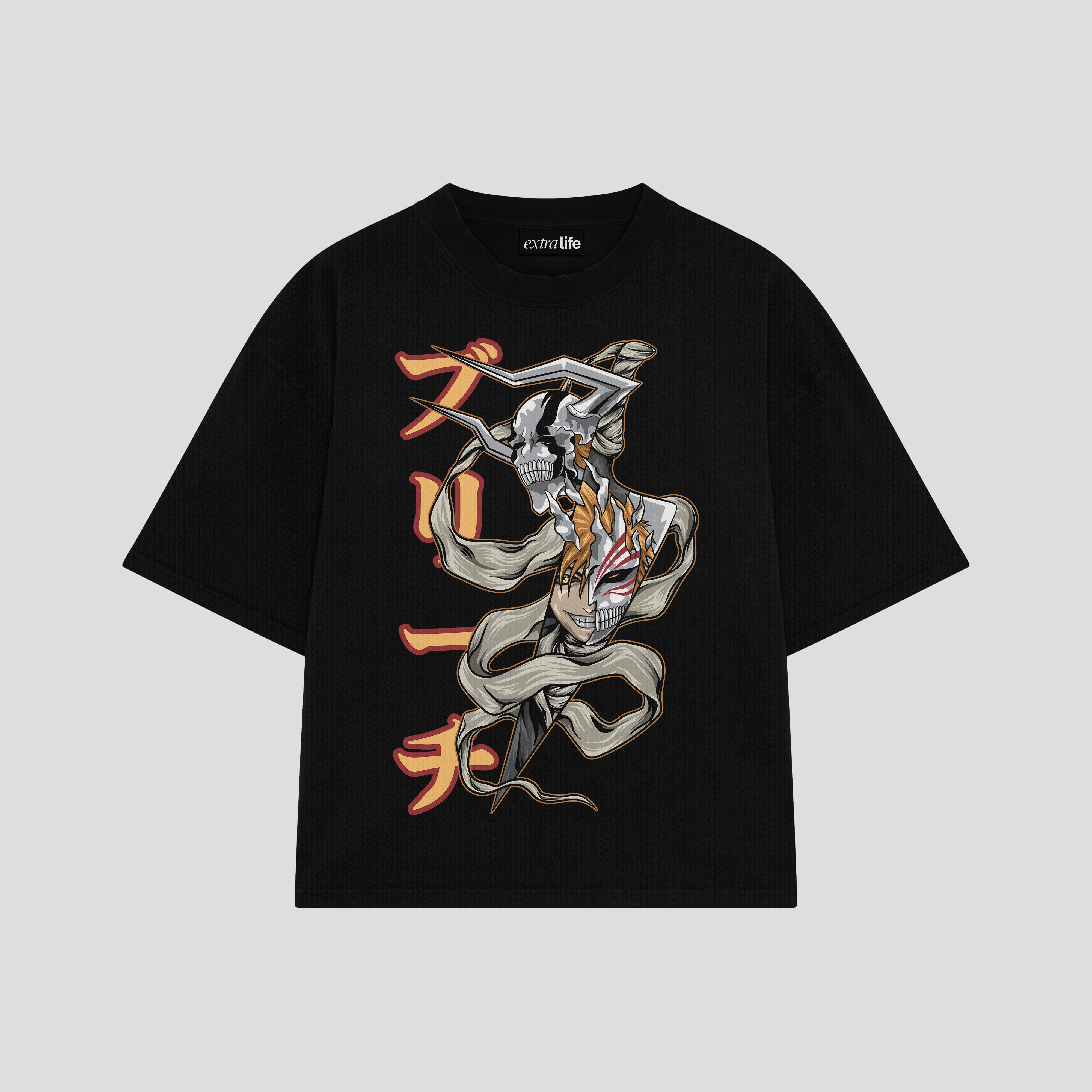 Playera streetwear premium de anime y gaming ExtraLife MX, corte boxy oversized drop shoulder heavyweight en color Deep Black y Off-White, moda urbana mexicana de culto.
