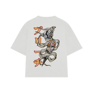 Playera streetwear premium de anime y gaming ExtraLife MX, corte boxy oversized drop shoulder heavyweight en color Deep Black y Off-White, moda urbana mexicana de culto.