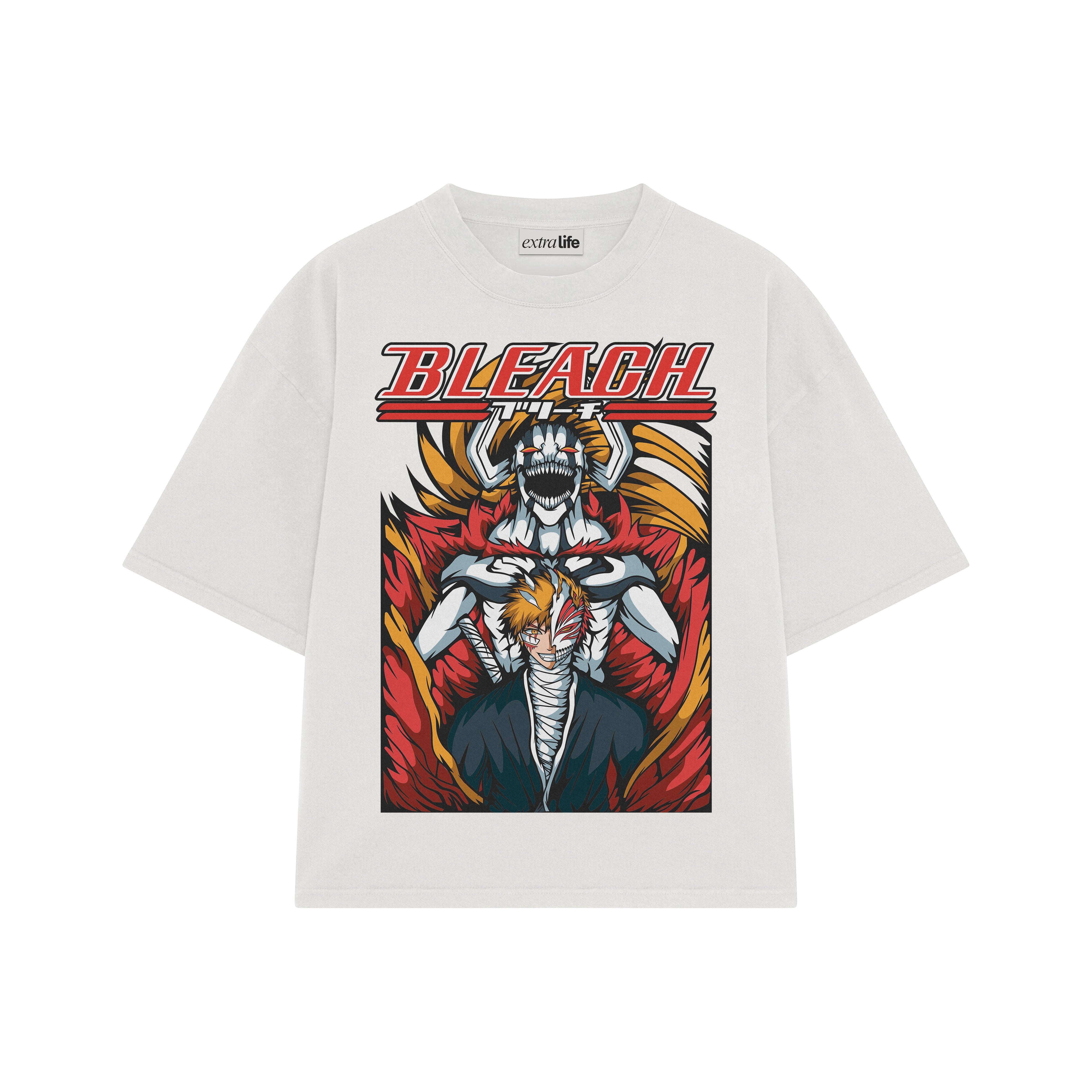 Playera streetwear premium de anime y gaming ExtraLife MX, corte boxy oversized drop shoulder heavyweight en color Deep Black y Off-White, moda urbana mexicana de culto.