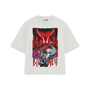 Playera streetwear premium de anime y gaming ExtraLife MX, corte boxy oversized drop shoulder heavyweight en color Deep Black y Off-White, moda urbana mexicana de culto.